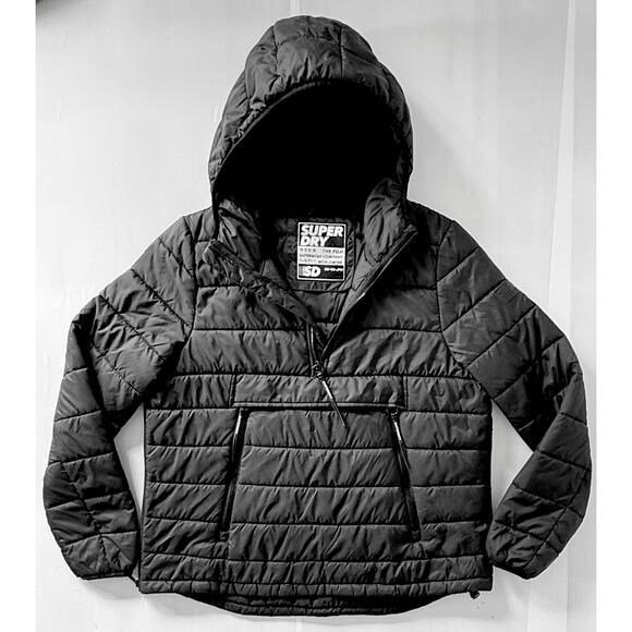 SUPERDRY Womens Sz 12 Pullover Puffer Jacket with Hood Black 1/4 Zip UK 16 EU 44 - Picture 2 of 12
